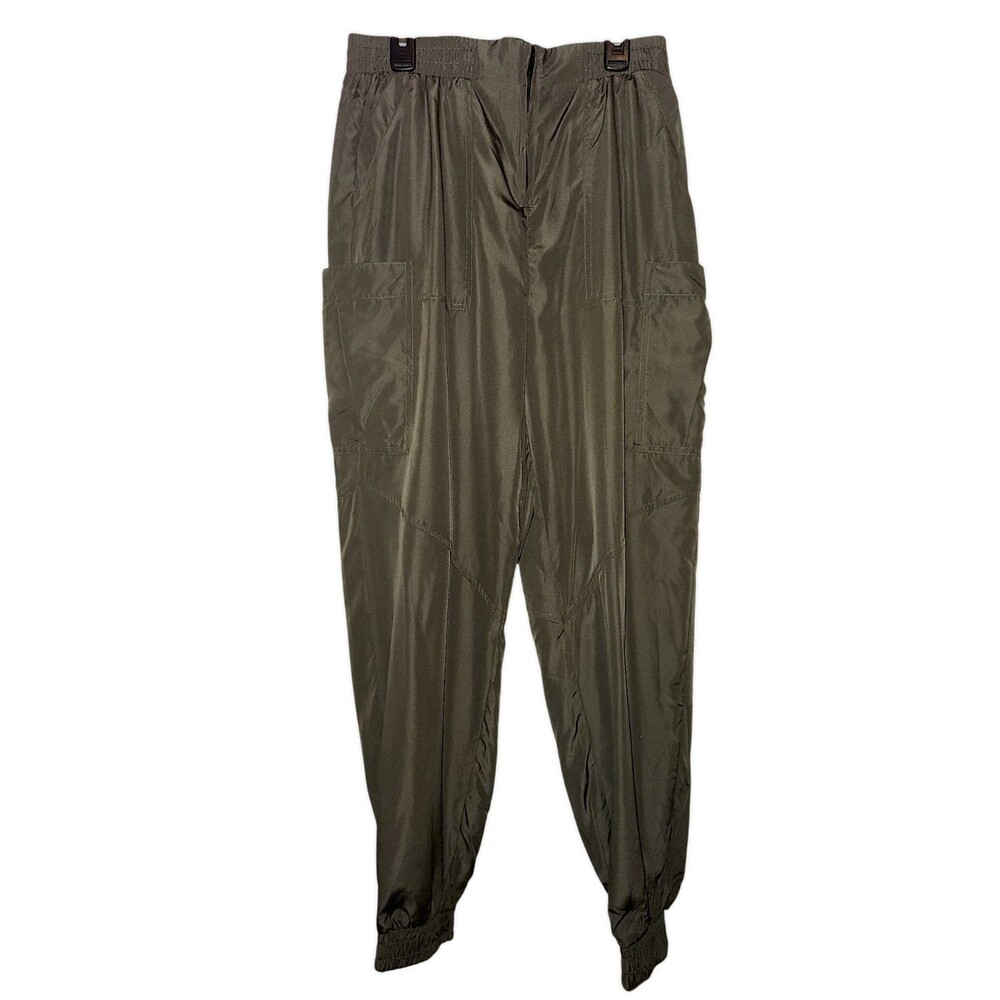 Labijou Women's Basic Solid Shiny Satin Cargo Pocket Jogger Green Pants Medium